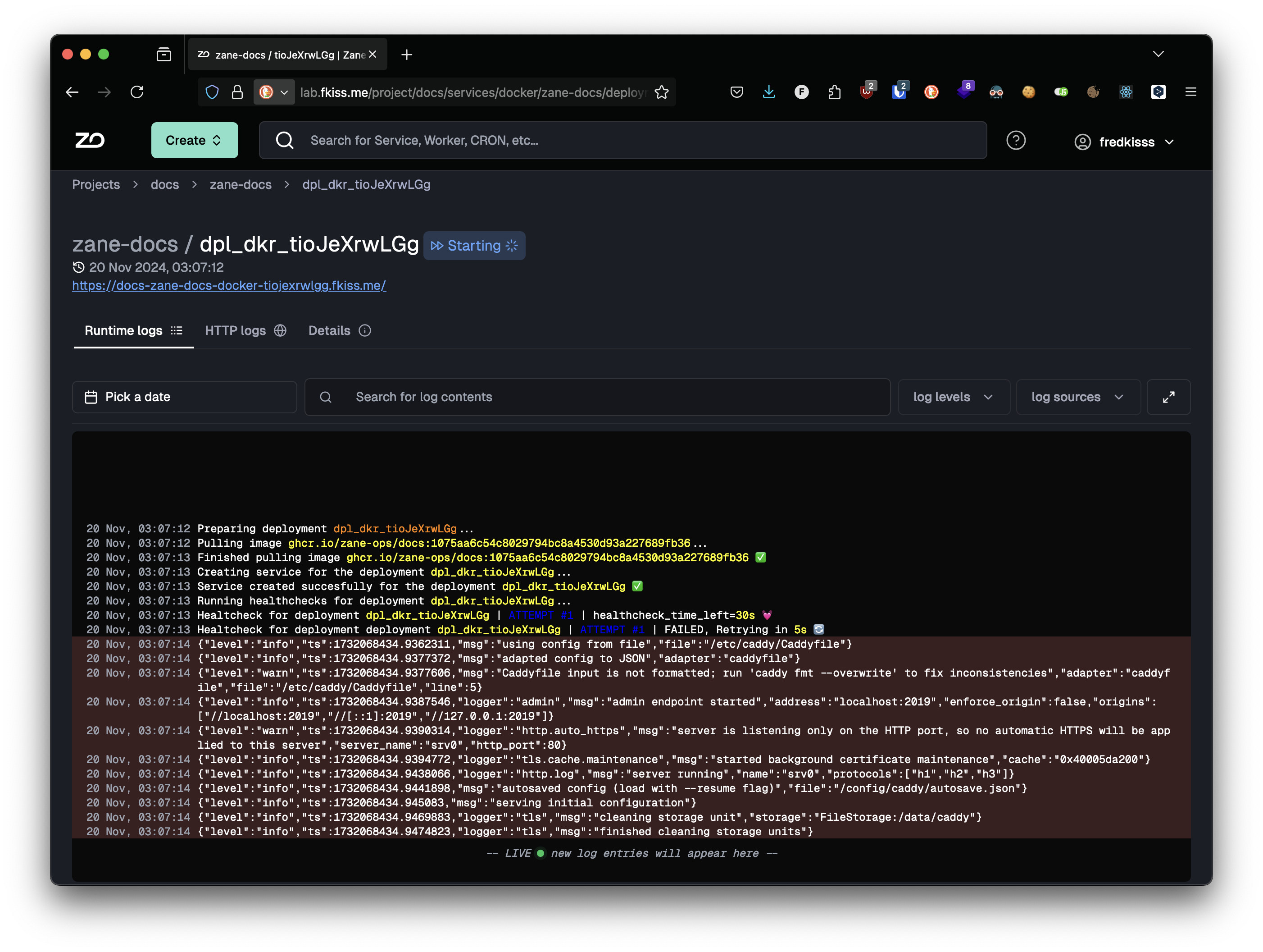 Service detail page with combobox for deployment status  open